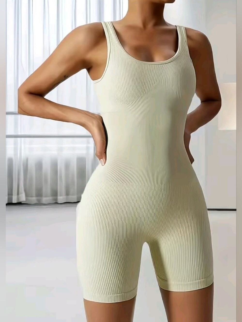 Ribbed Scoop-Neck Tank Romper - Cream